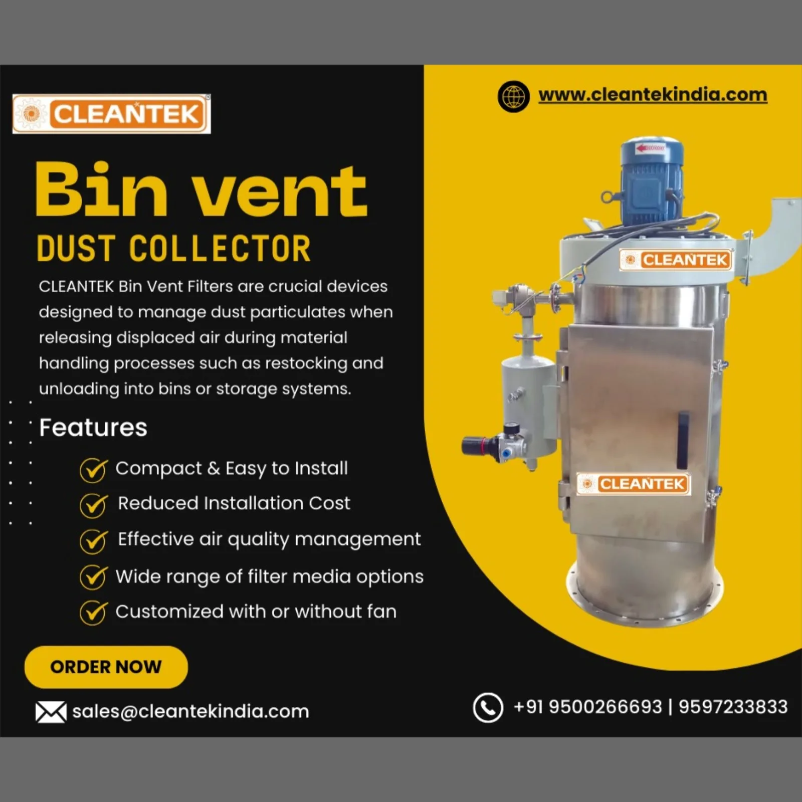 Cleantek Bin Vent Dust Collector - Efficient Dust Control for Silos, Hoppers & Bins